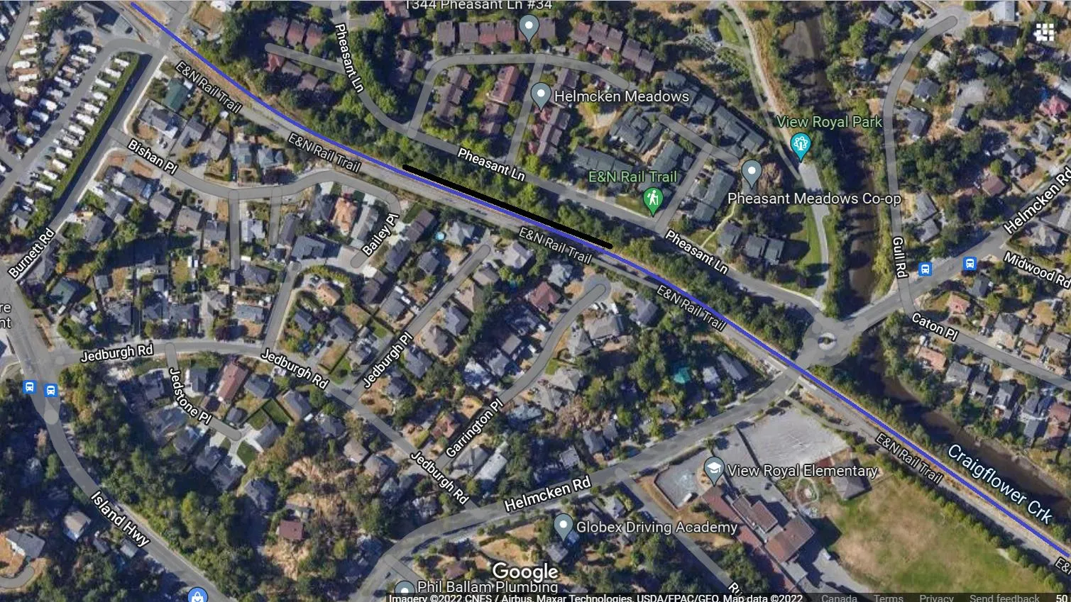 Aerial map of the rail corridor passing through View Royal near Helmcken Meadows