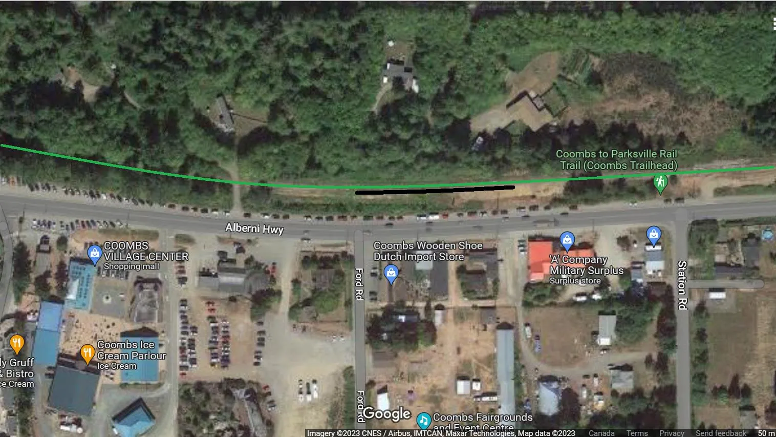 Aerial map showing the proposed station location in Coombs along the Alberni Highway