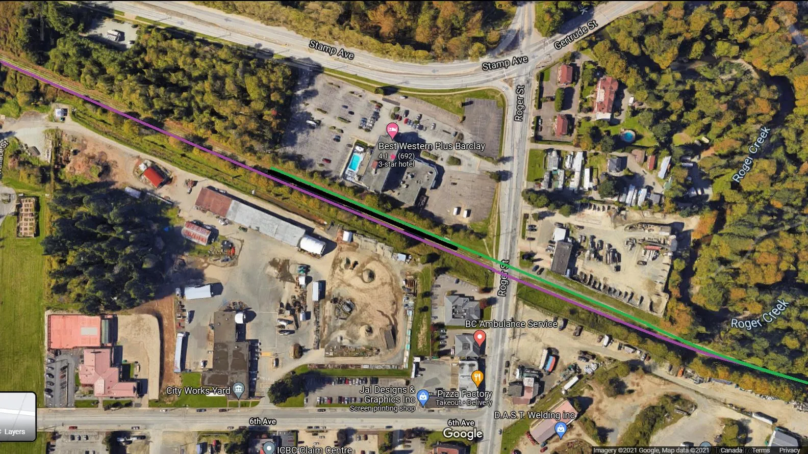 Aerial map showing the proposed Port Alberni Station location at Rogers St