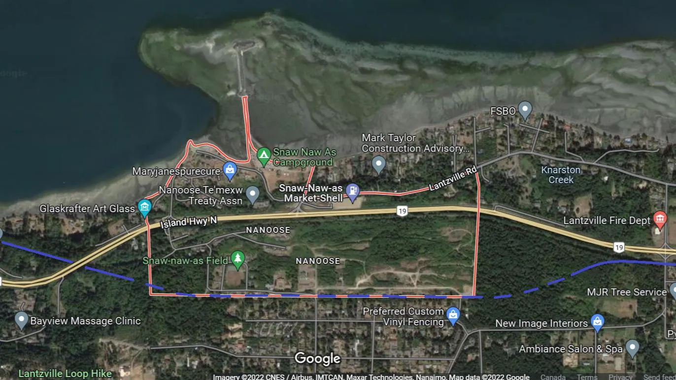 Map showing the proposed underground rail corridor near the Snaw-Naw-As First Nation reserve