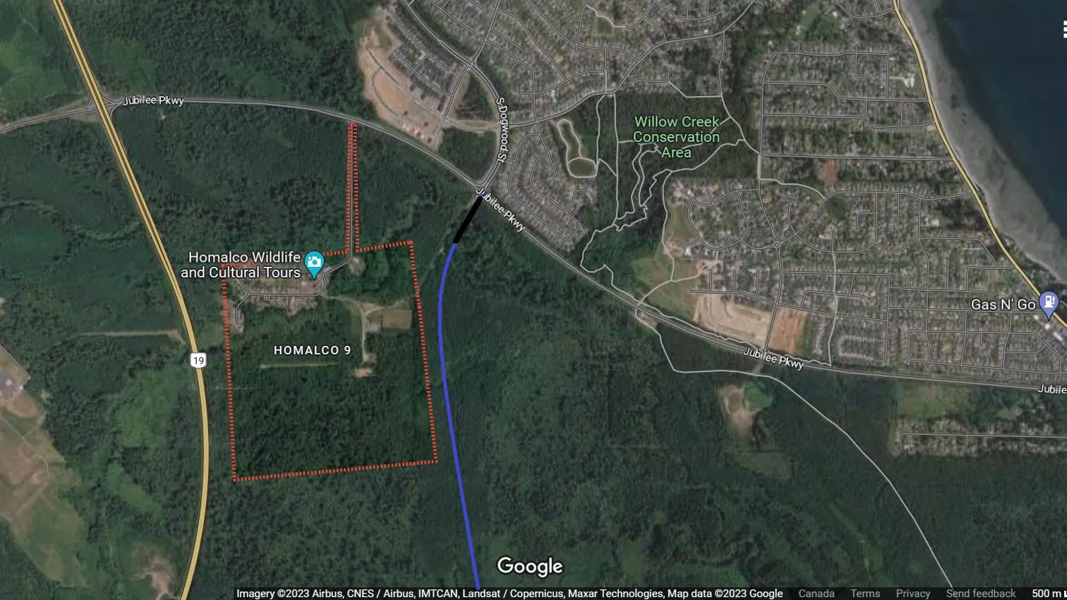 Aerial map showing the terminus location for the Campbell River Station near Jubilee Pkwy