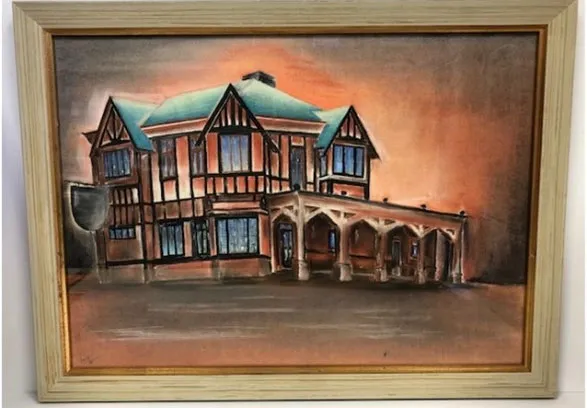Framed painting of the Six Mile Pub by David Laing, 1956