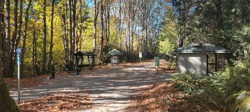 Photo of a wooded trail area with small wooden shelter structures and autumn leaves