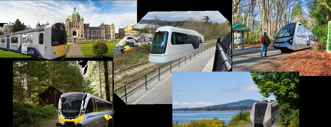 Collage of renderings showing various modern light rail and transit vehicles in different settings, including urban plazas, wooded trails, and waterfronts