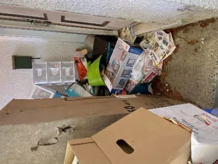 Entryway area interior filled with boxes, paper, and miscellaneous clutter