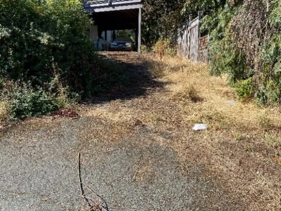 View of the sloping driveway from the street illustrating the lack of maintenance