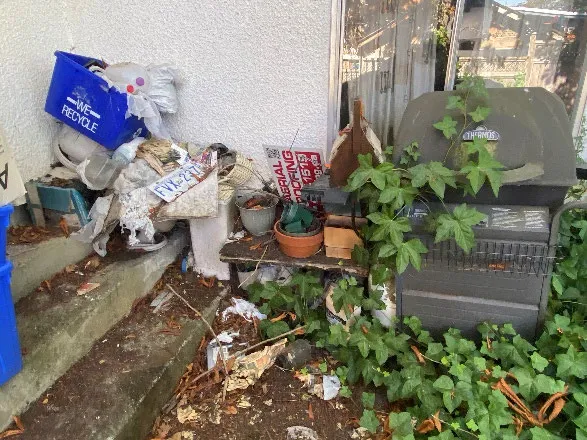Heap of garbage including a blue recycle bin and loose waste