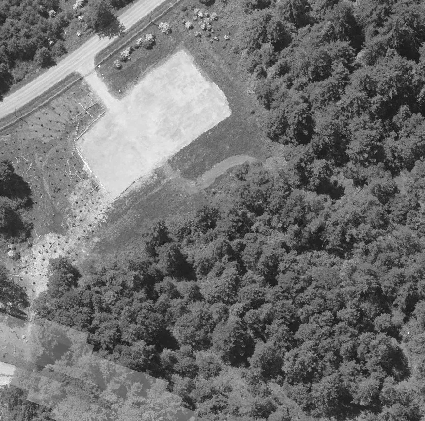 Aerial view of a parking lot area