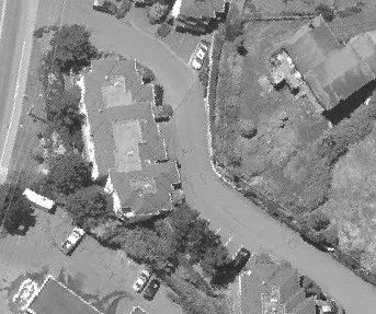 Aerial view of a residential area with houses nestled among dense trees