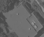 Aerial view of a building roof section