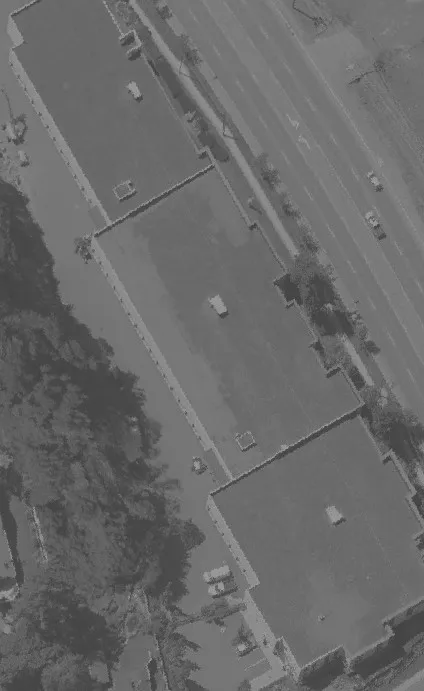Aerial view of a narrow road passing through a wooded region