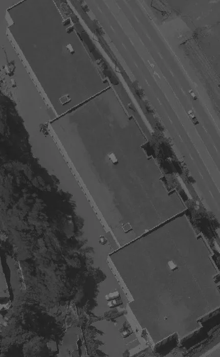 Aerial view of several residential homes surrounded by trees