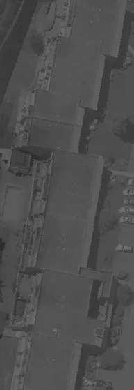Aerial view of a building roof section