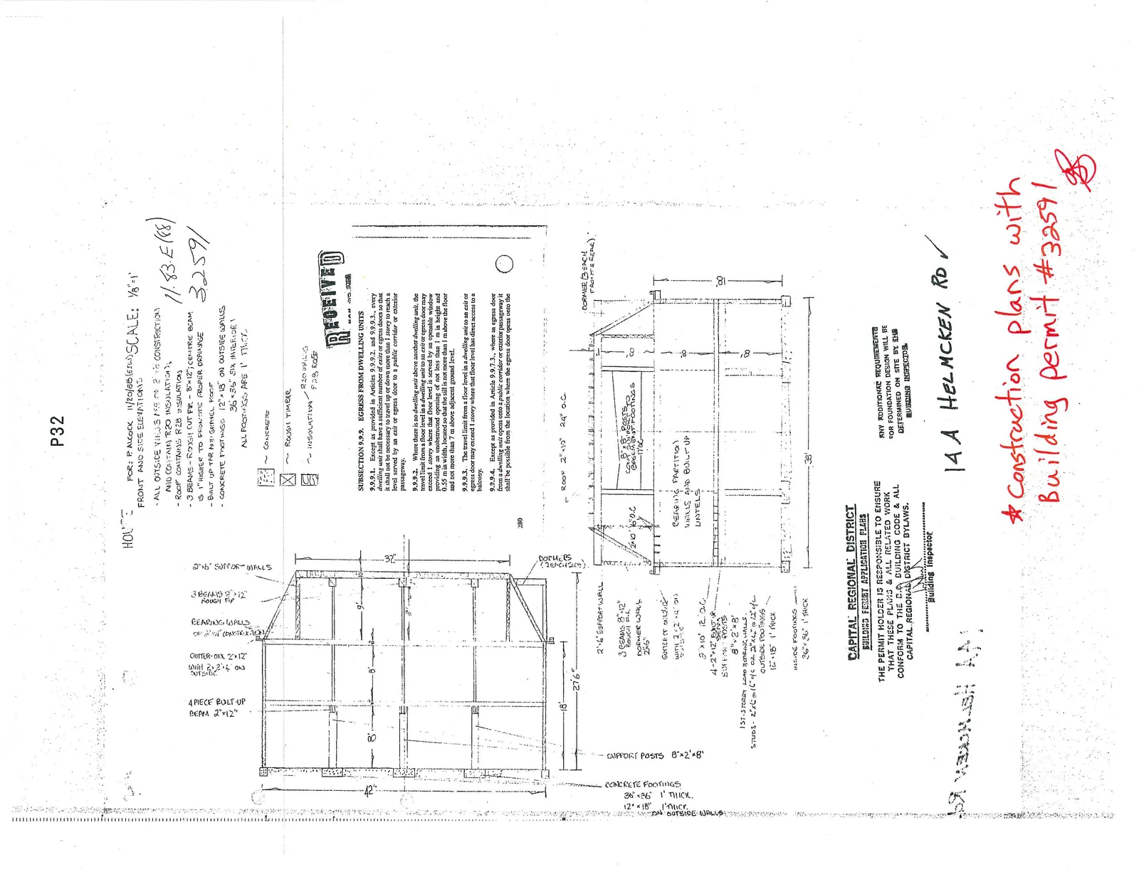 Architectural drawing showing side and front elevations of a structure, including framing details, dimensions, and footing specifications.