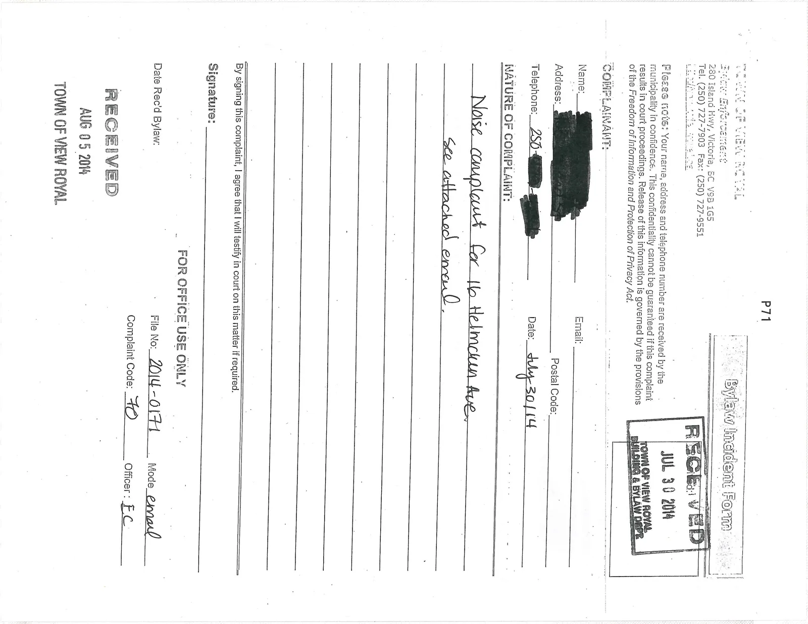 Bylaw Incident Form for a noise complaint at 16 Helmcken Ave
