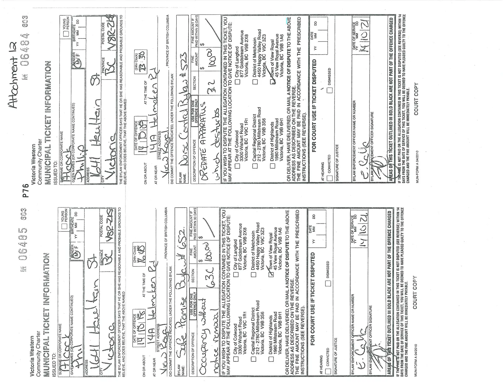 Two municipal tickets, M 06485 and M 06484