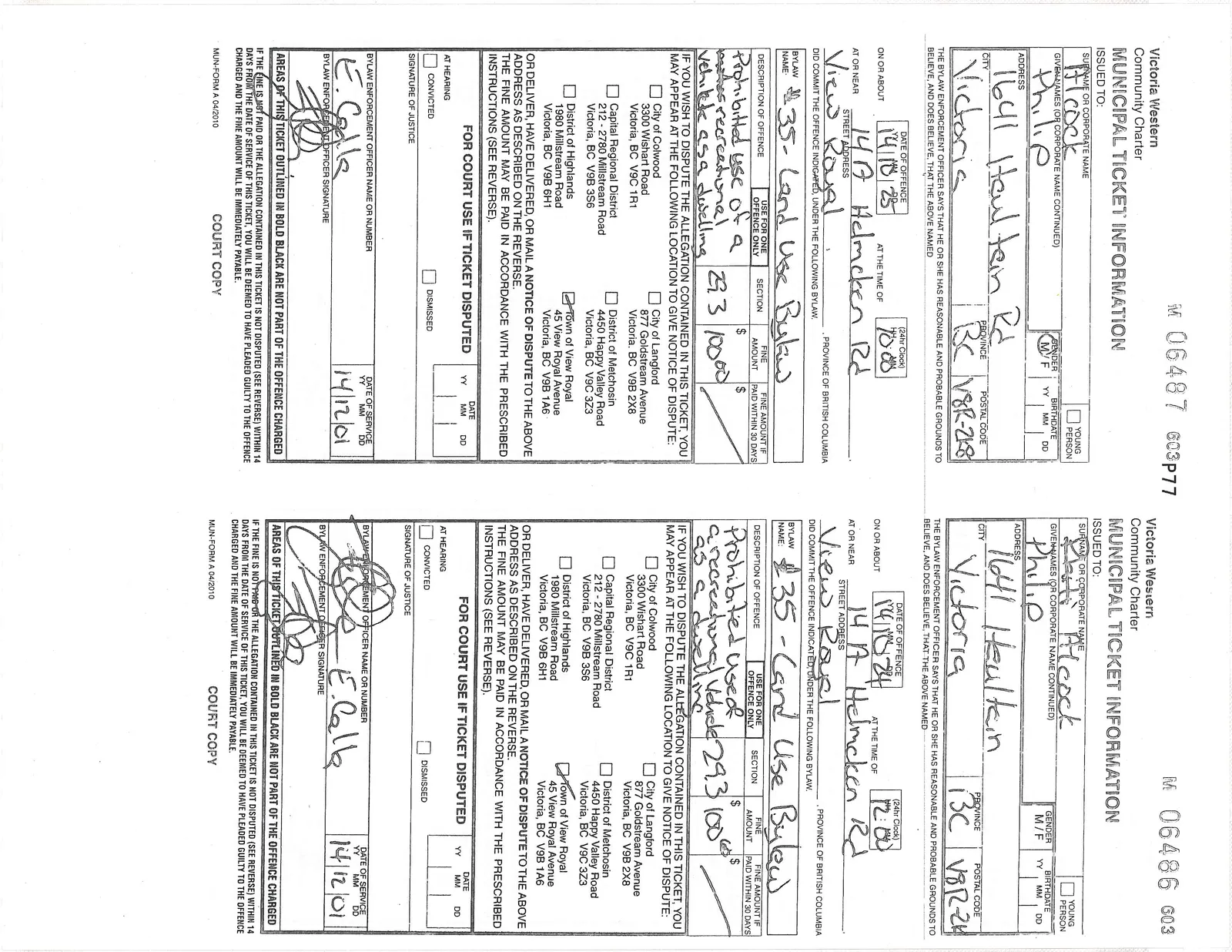 Two municipal tickets, M 06487 and M 06486
