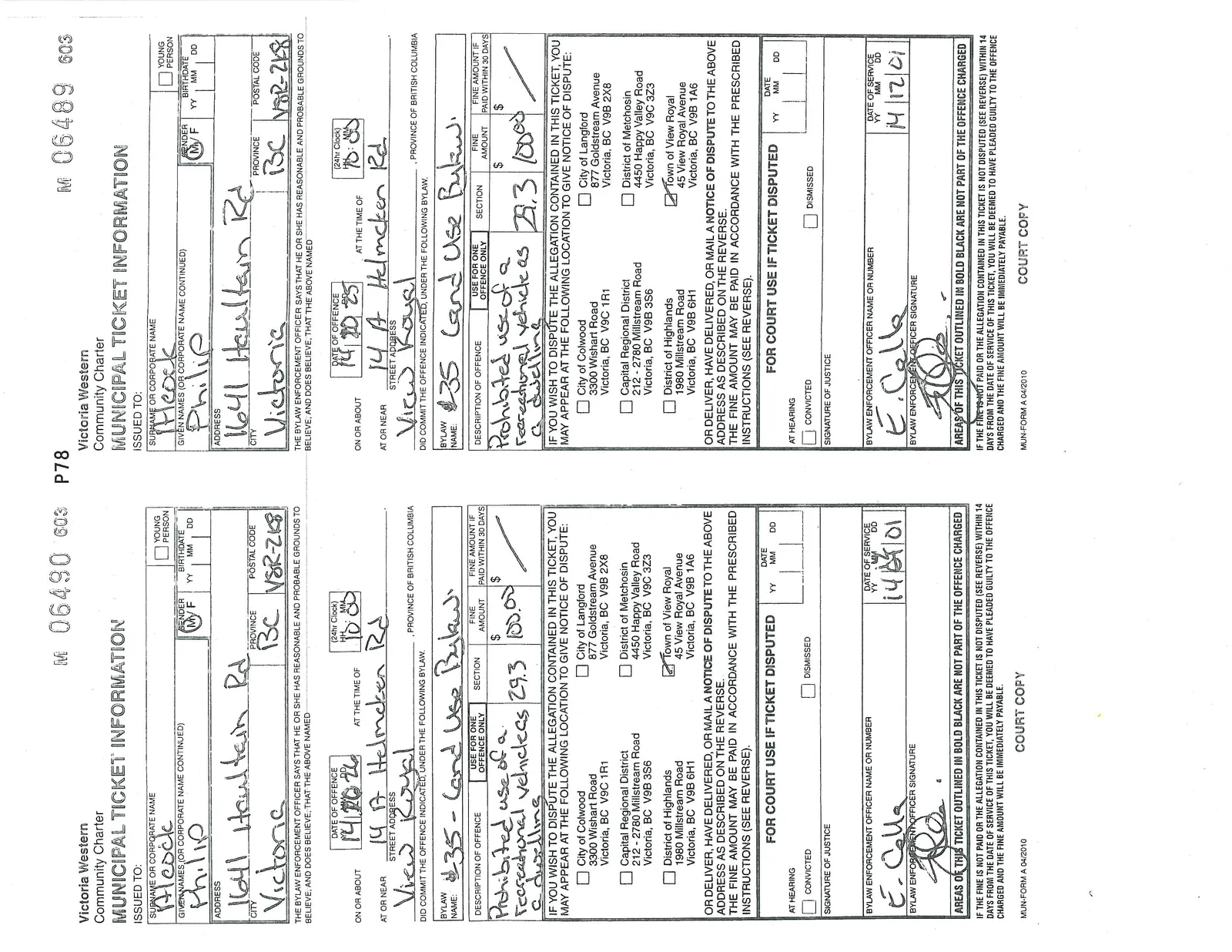 Two municipal tickets, M 06490 and M 06489