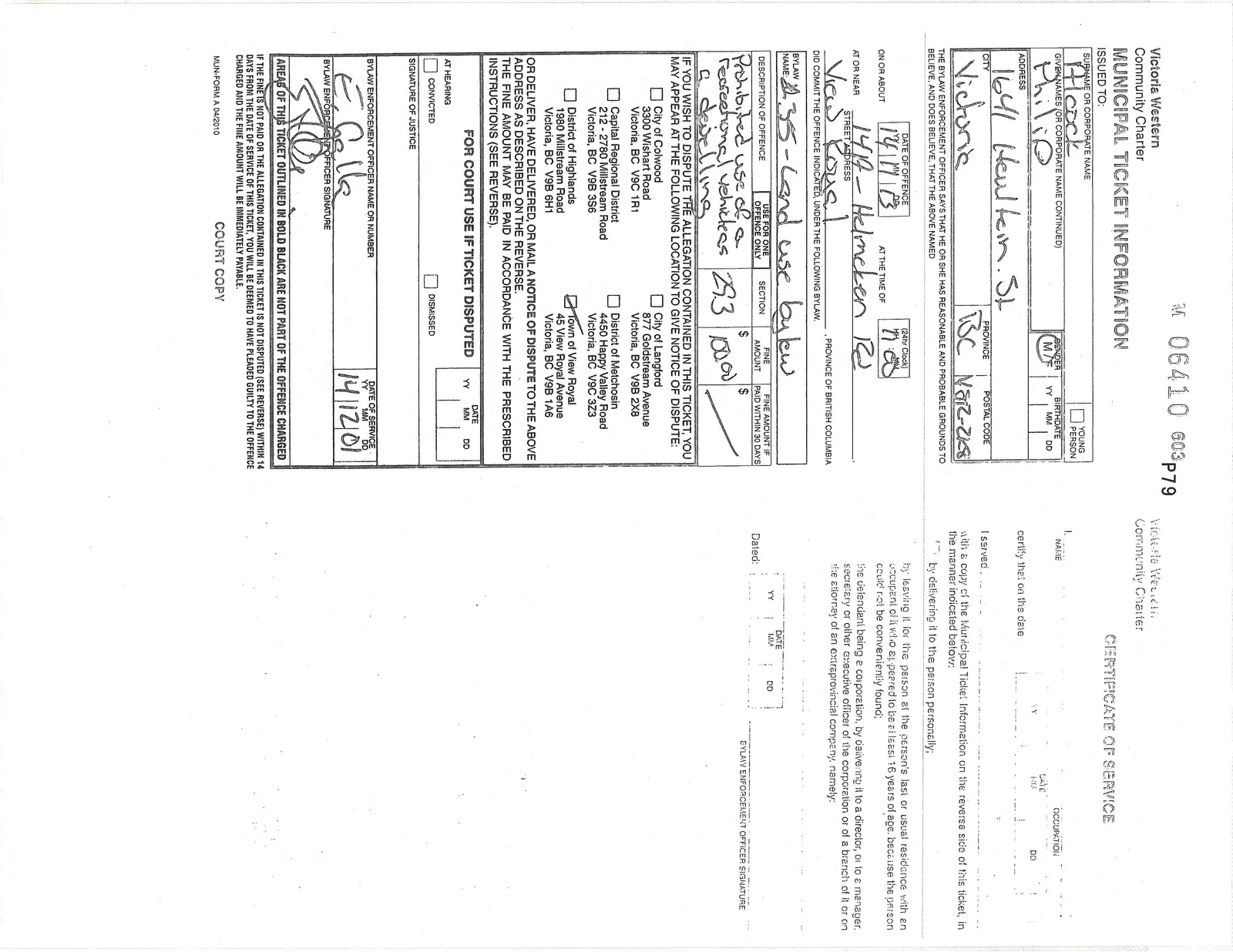Municipal ticket M 06410 and Certificate of Service