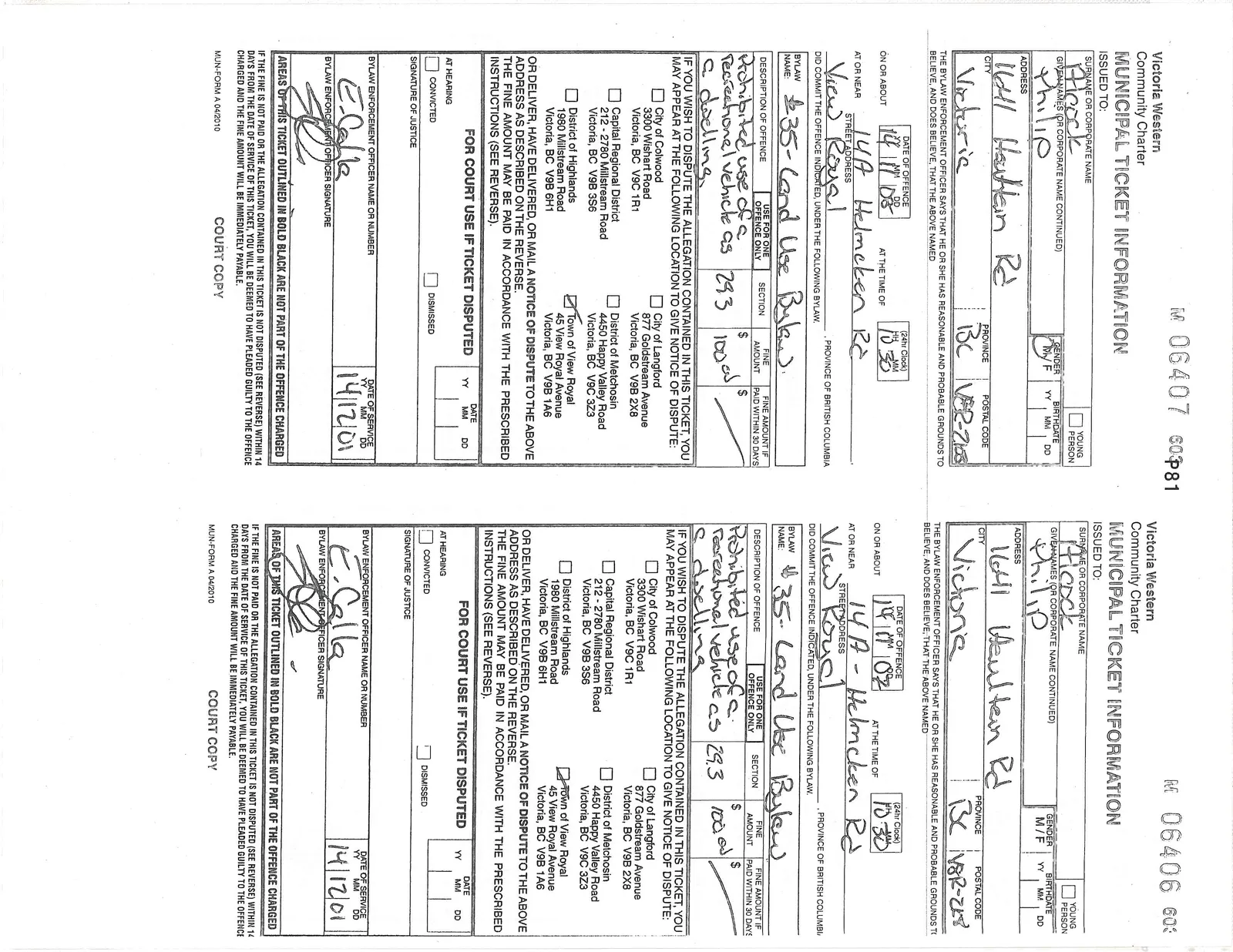 Two municipal tickets, M 06409 and M 06408
