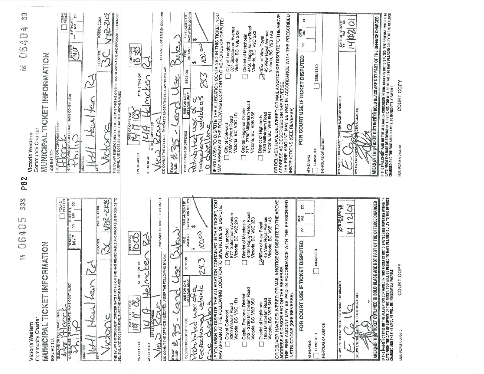 Two municipal tickets, numbers 06405 and 06404