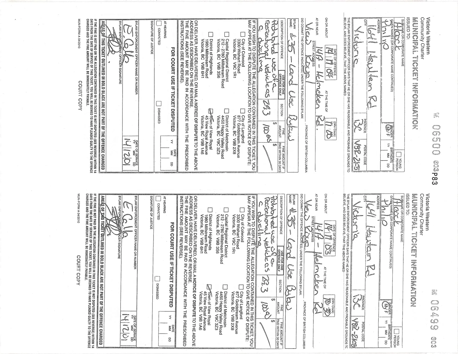 Two municipal tickets, numbers 06500 and 06499