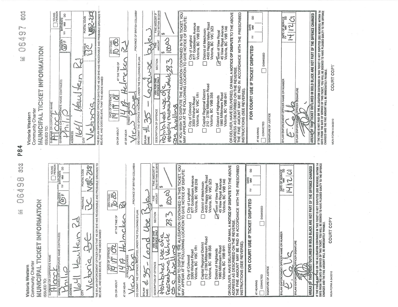 Two municipal tickets, numbers 06498 and 06497