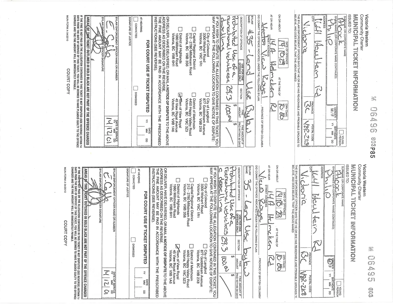 Two municipal tickets, numbers 06496 and 06495