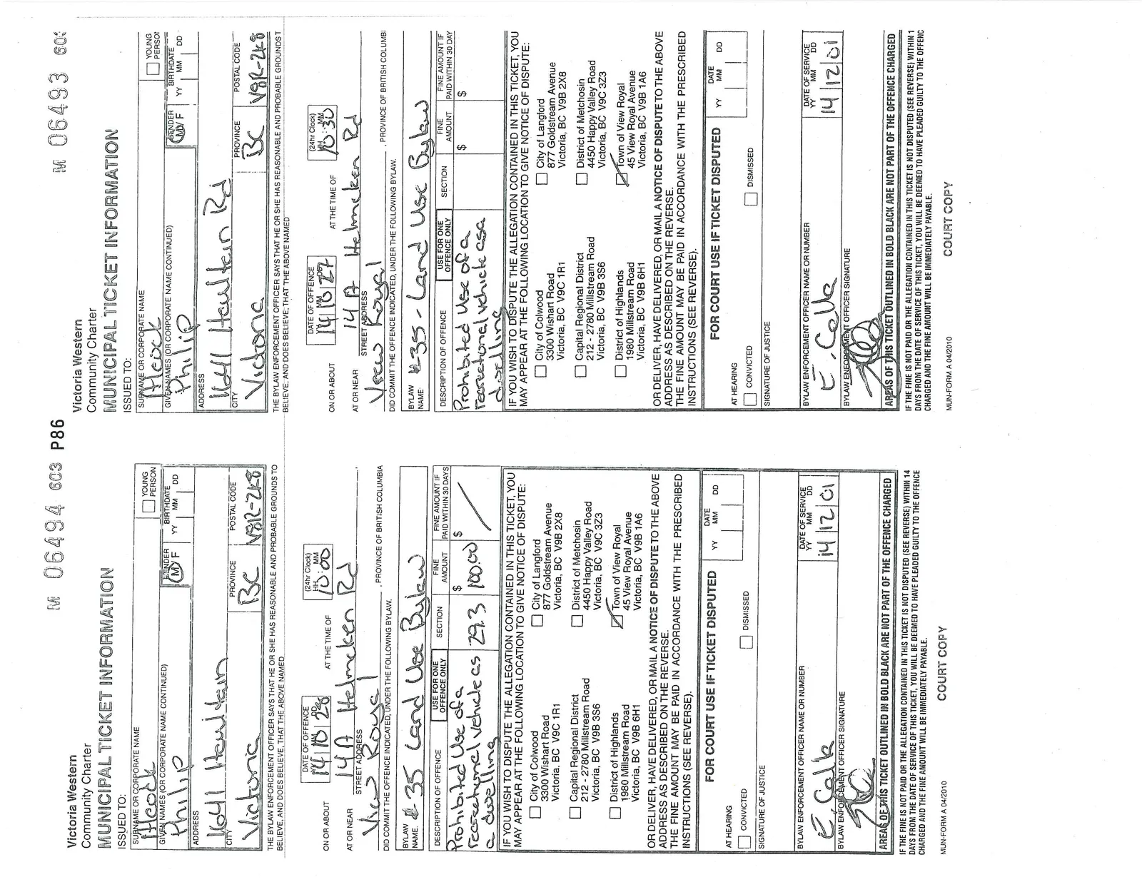 Two municipal tickets, numbers 06494 and 06493