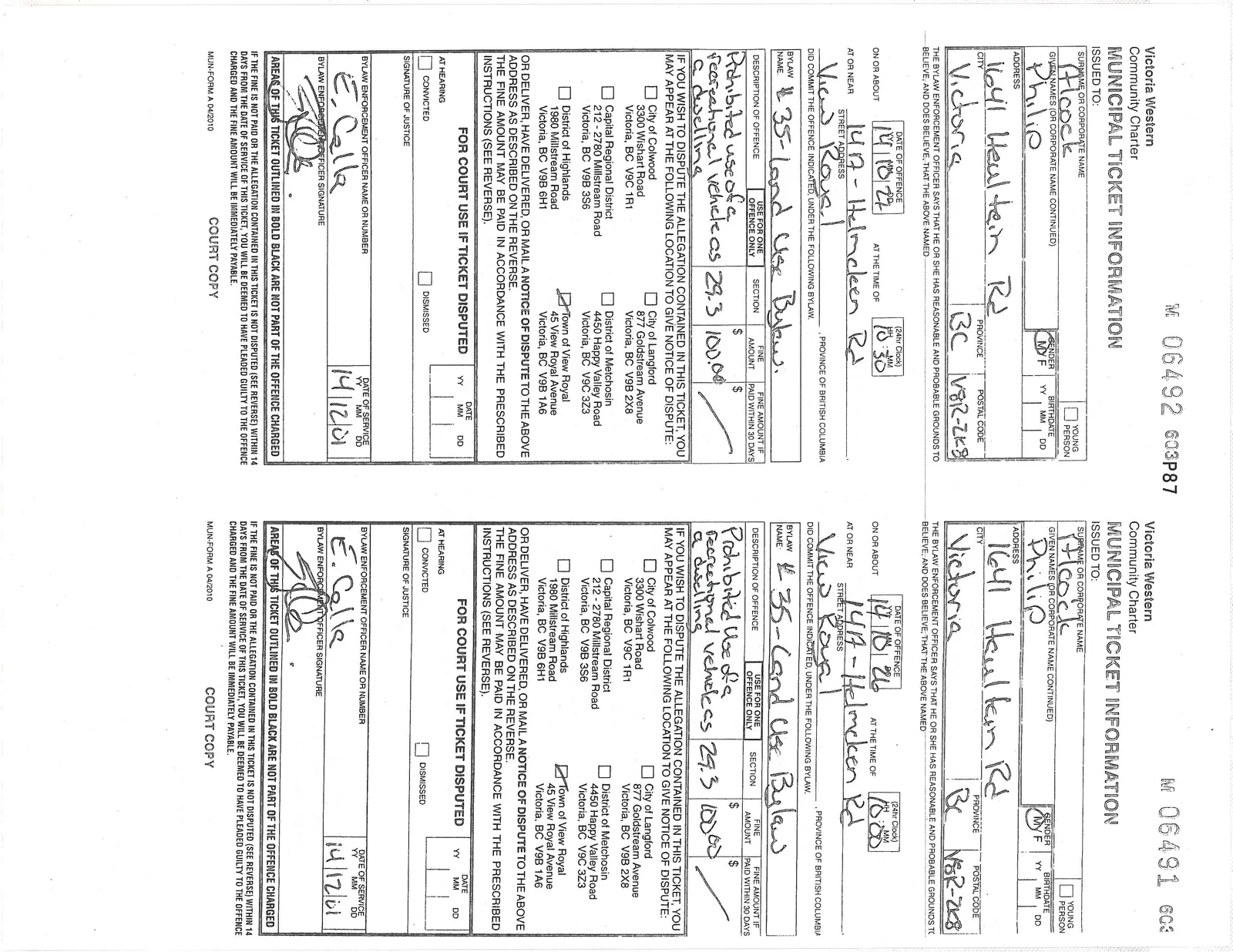 Two municipal tickets, numbers 06492 and 06491
