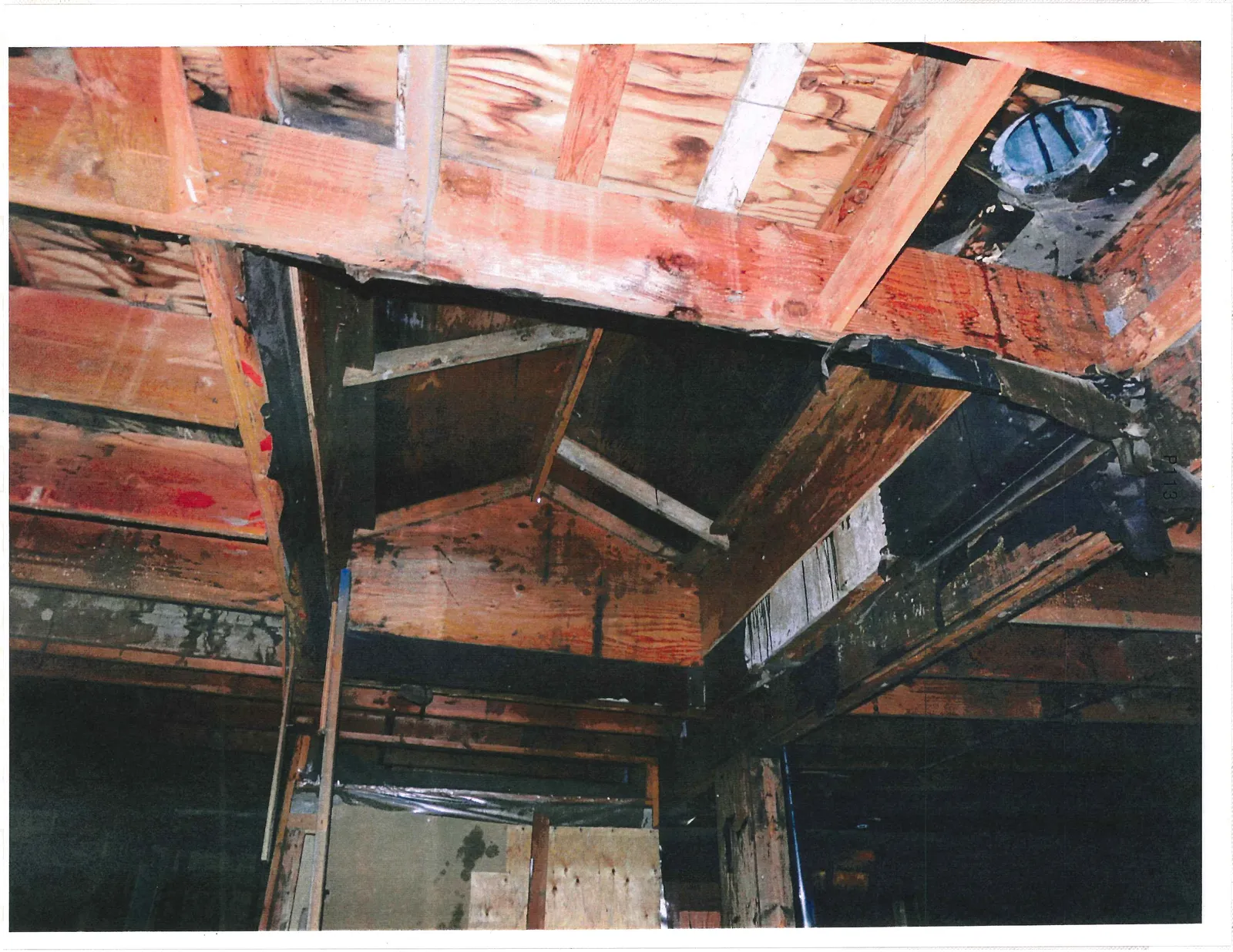 Interior view showing structural wall framing with wooden beams and plywood panels