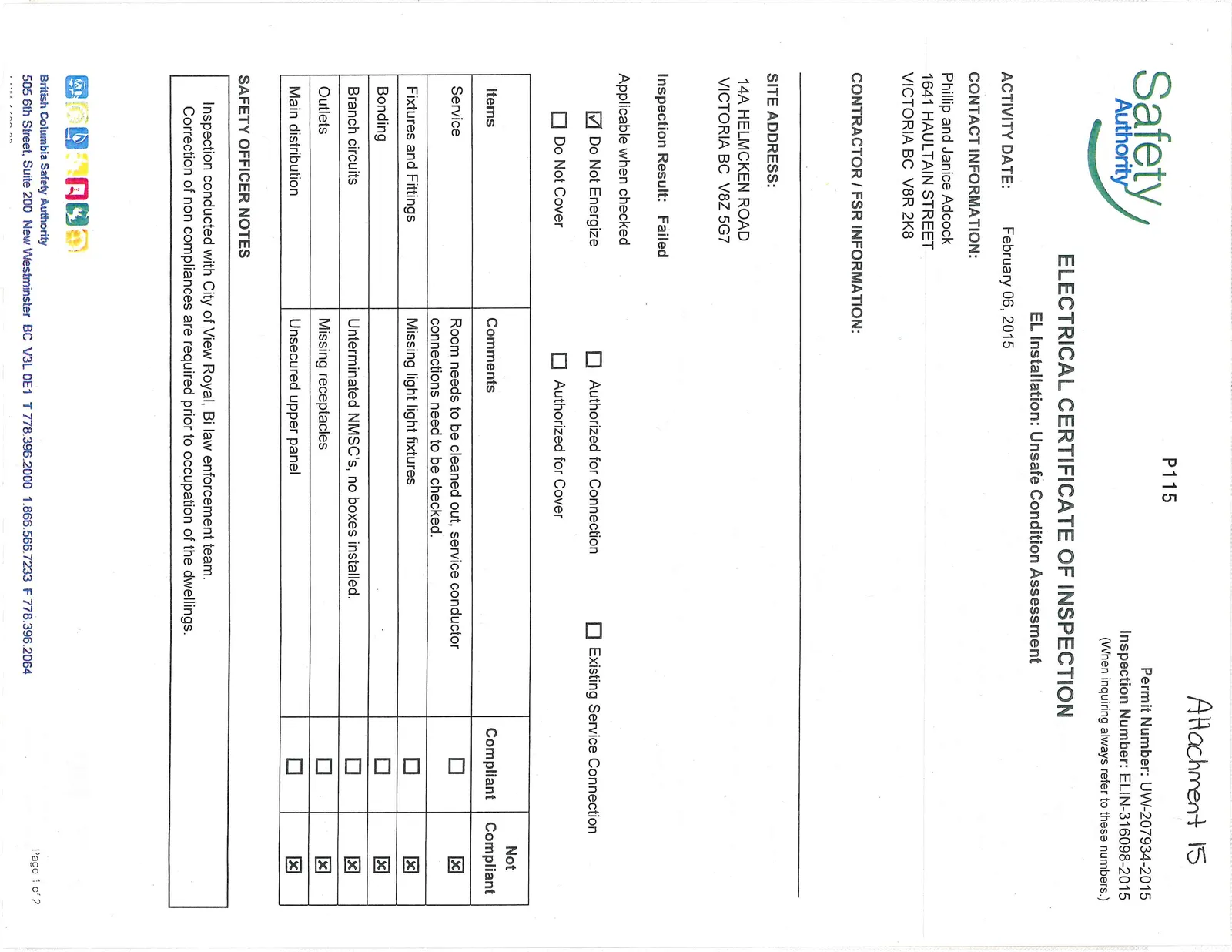 Page 1 of an Electrical Certificate of Inspection showing a failed status and a list of non-compliant items for the address 14A Helmcken Road.
