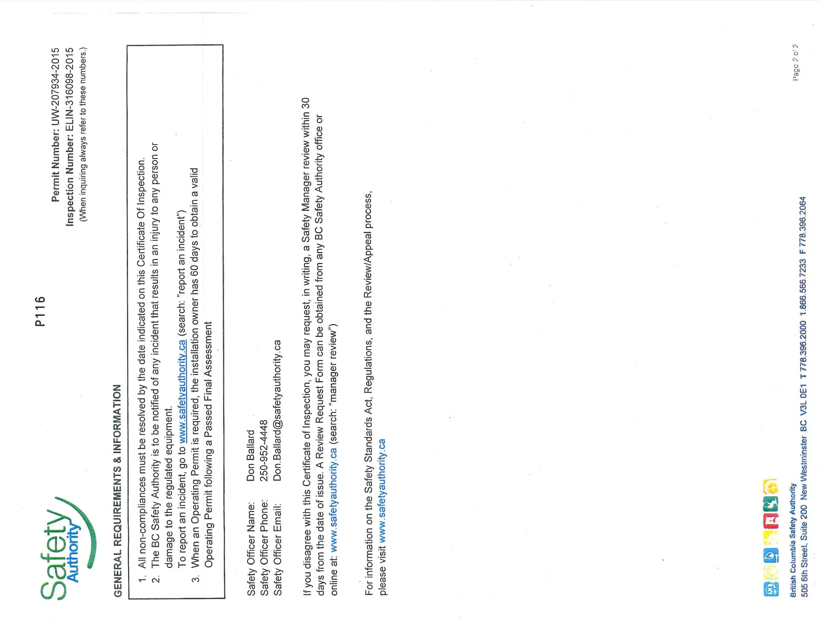 Page 2 of the Electrical Certificate of Inspection outlining general requirements and contact information for Safety Officer Don Ballard.