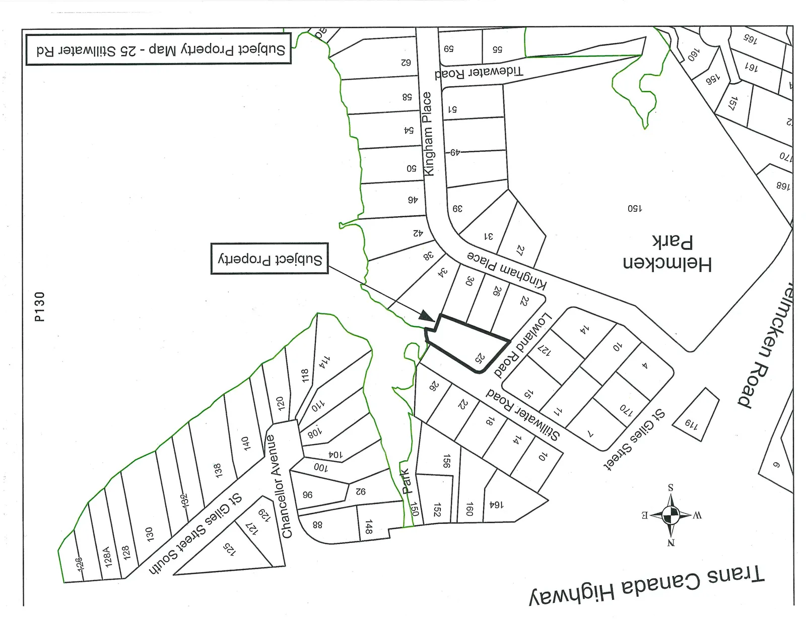 A property map titled "Subject Property Map - 25 Stillwater Rd" showing the location of the subject property highlighted with a bold outline and an arrow. The property is located at 25 Stillwater Road. The map also shows surrounding streets including Trans Canada Highway, St Giles Street, St Giles Street South, Chancellor Avenue, Lowland Road, Kingham Place, Tidewater Road, and Helmcken Road, as well as Helmcken Park.