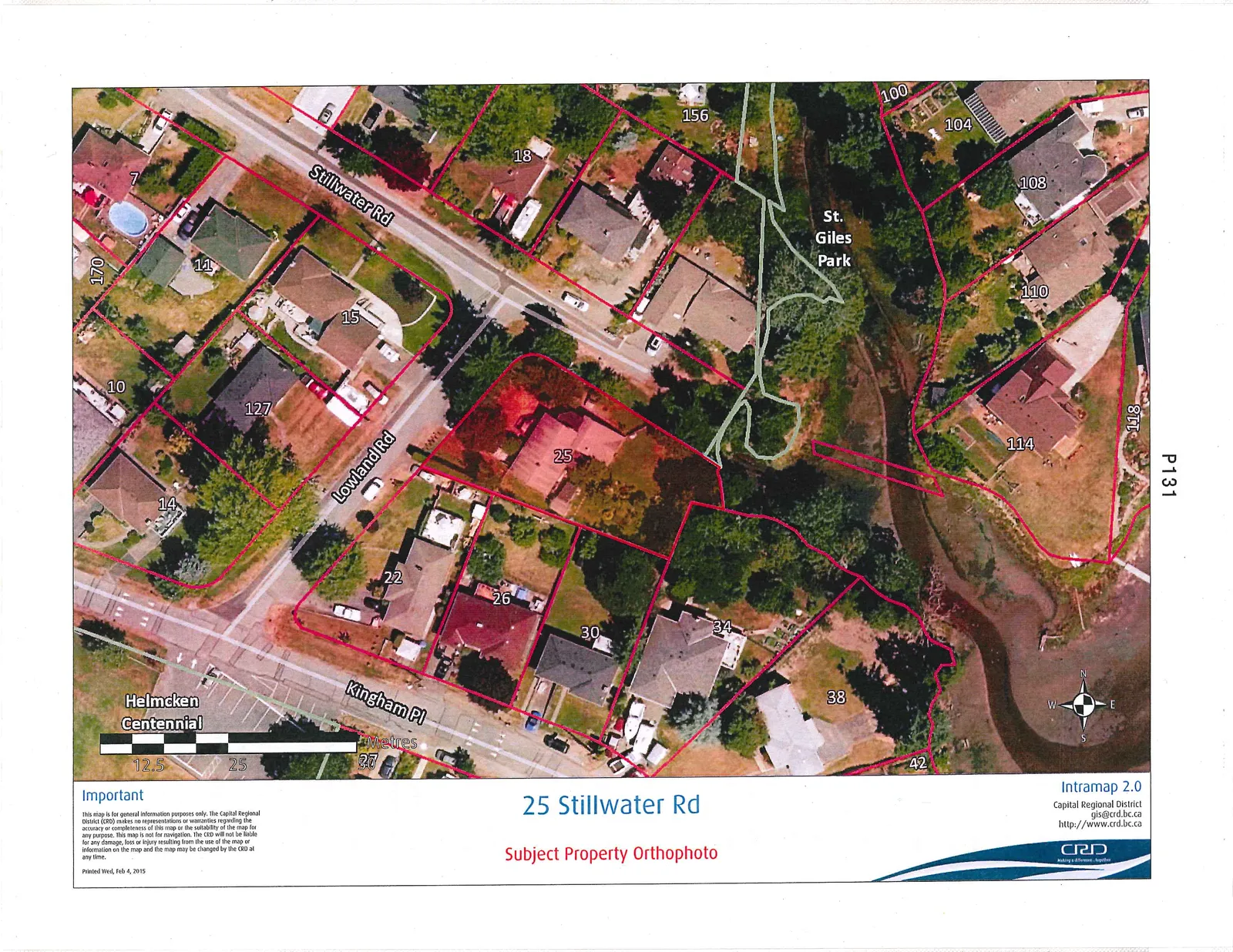 Aerial orthophoto map identifying the subject property at 25 Stillwater Rd. The map shows surrounding residential properties, St. Giles Park, and streets including Stillwater Rd, Lowland Rd, and Kingham Pl. Labeled property numbers include 7, 10, 11, 14, 15, 18, 22, 25, 26, 27, 30, 34, 38, 42, 100, 104, 108, 110, 114, 118, 127, and 156.