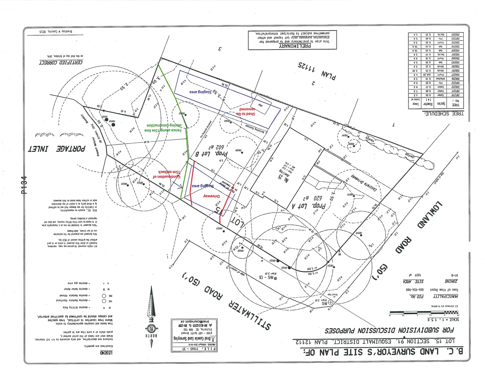 B.C. Land Surveyor's Site Plan showing proposed subdivision of Lot 15 with annotations for staging areas, driveway, and setbacks