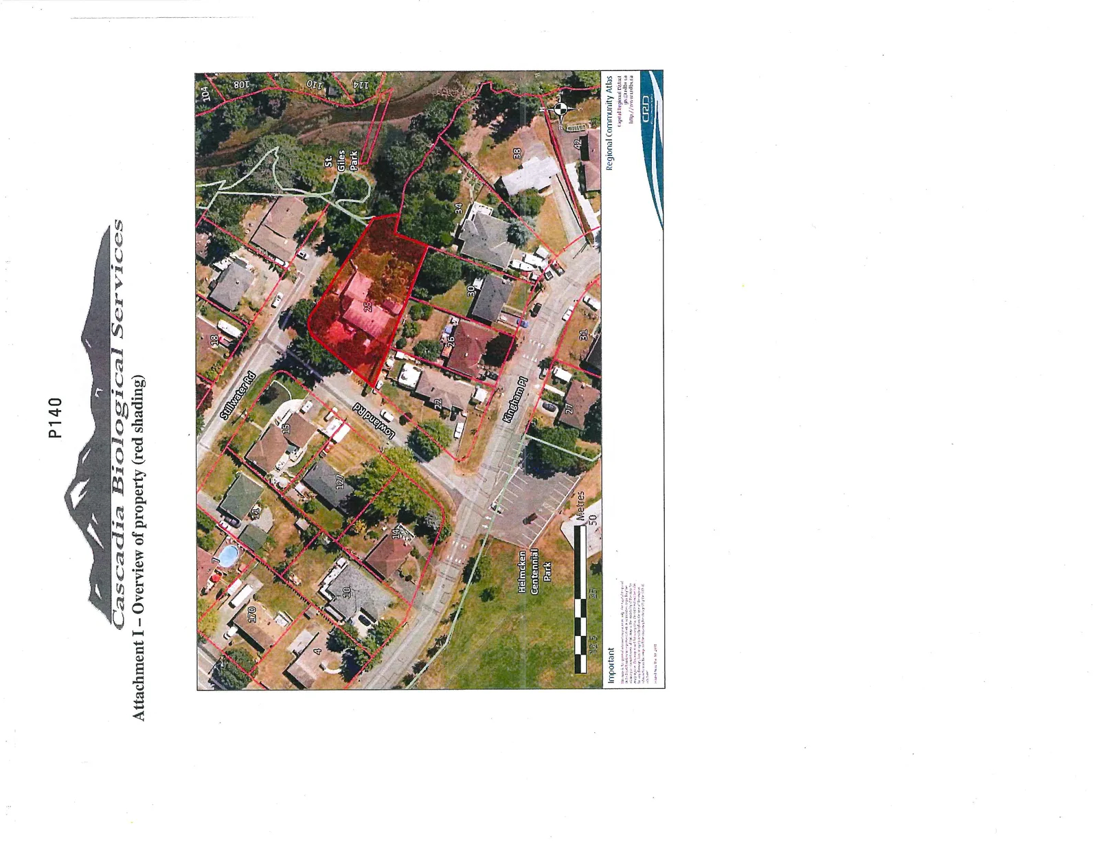 Aerial map showing a property at 25 Lowland Road shaded in red. The map includes surrounding streets Stillwater Rd, Lowland Rd, and Kingham Pl, as well as Helmcken Centennial Park and St. Giles Park. Adjacent properties are labeled with street numbers.