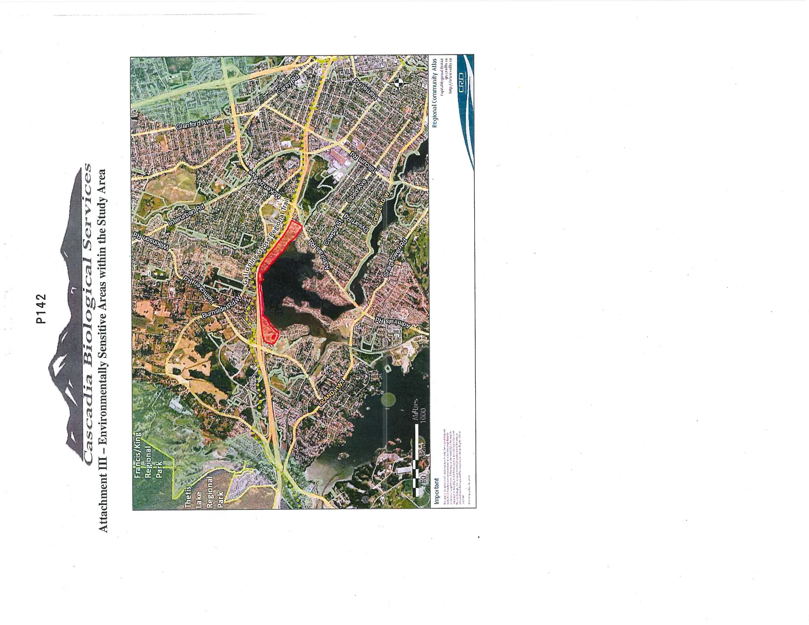 Aerial map of the study area with an Environmentally Sensitive Area highlighted in red. The map includes landmarks such as Francis/King Regional Park, Thetis Lake Regional Park, and the Galloping Goose Regional Trail. Major roads identified include Island Hwy, Admirals Rd, Craigflower Rd, Gorge Rd W, Tillicum Rd, McKenzie Ave, Burnside Rd W, Helmcken Rd, Wilkinson Rd, and Interurban Rd. A scale bar indicates a distance of 1000 metres.