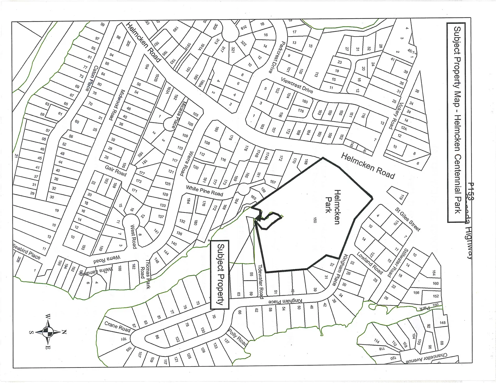 Subject Property Map showing Helmcken Centennial Park, surrounding residential subdivisions, and street names.