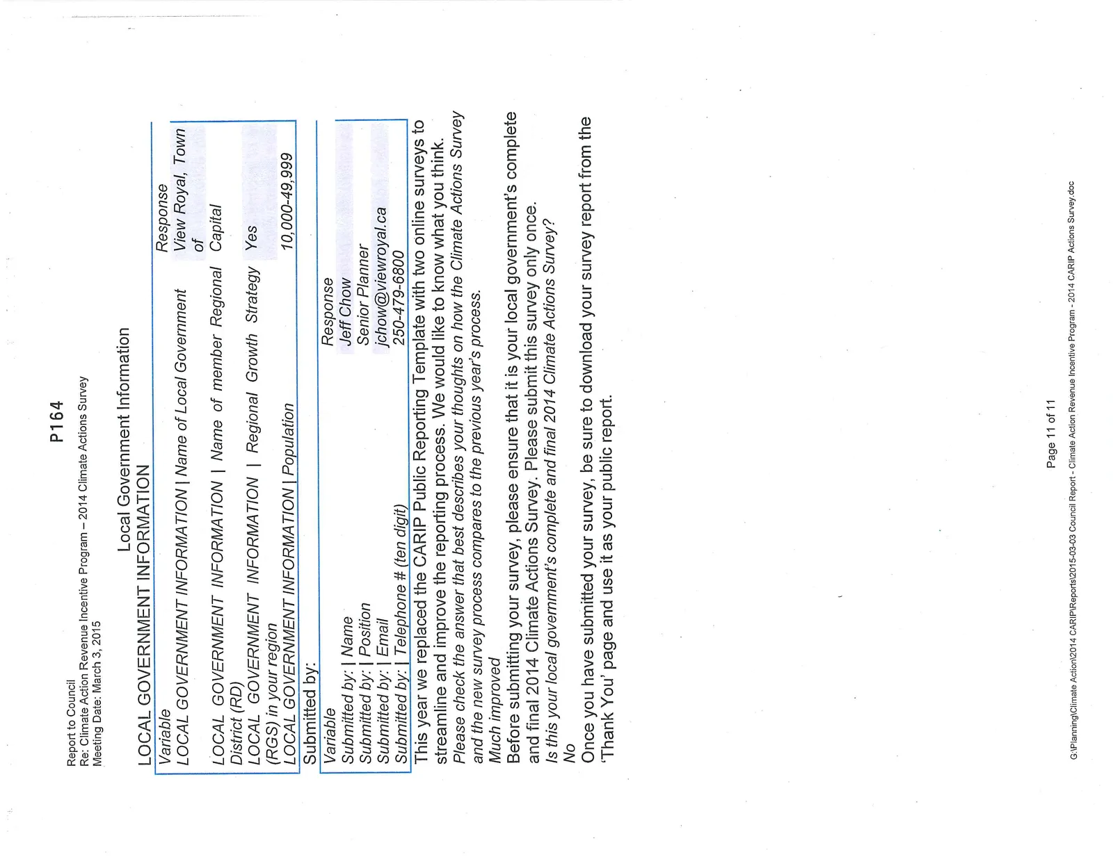 Survey report page including Local Government Information and submission status
