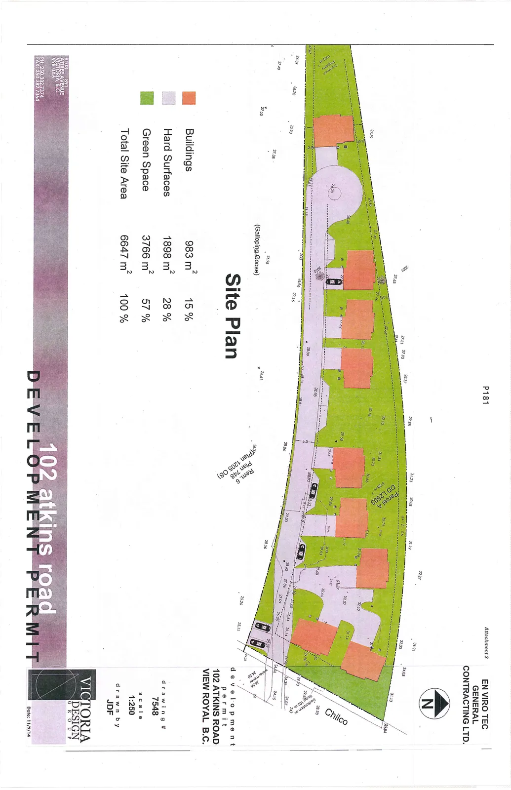 Detailed site plan for 102 Atkins Road showing building footprints (orange), hard surfaces (grey), and green space (green) with legal descriptors and elevation points.
