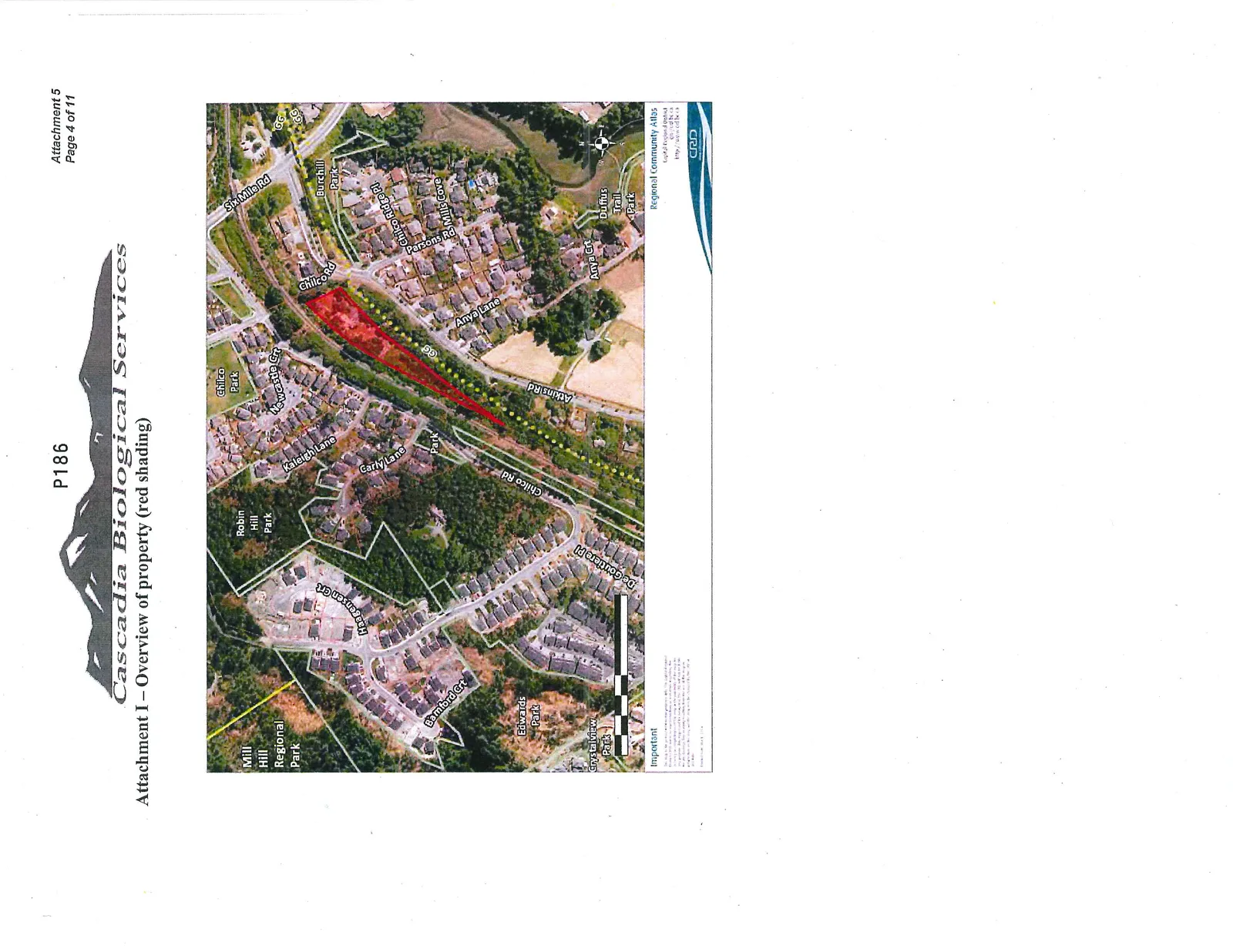 Aerial map showing the subject property highlighted in red shading, situated along Chilco Road and Atkins Road. The map identifies nearby landmarks including Mill Hill Regional Park, Robin Hill Park, Chilco Park, and various residential streets.