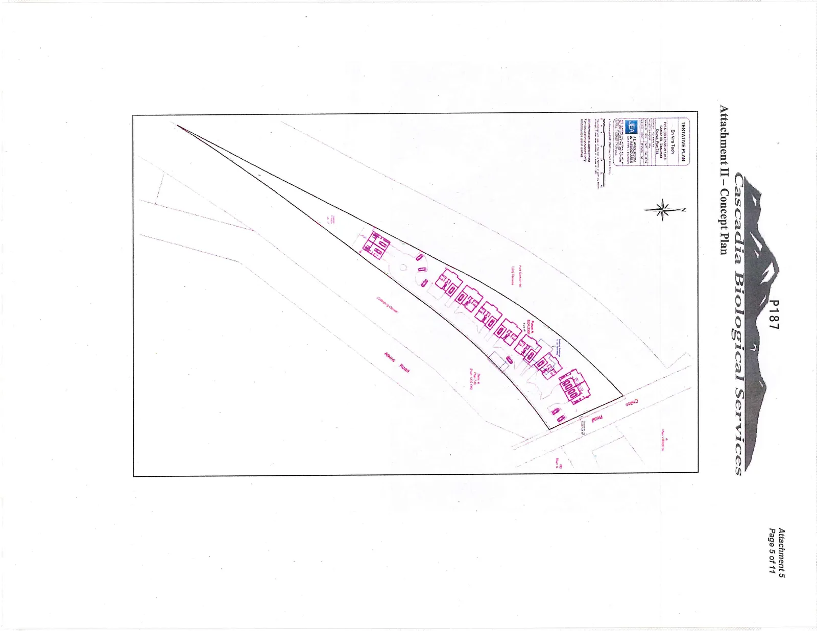 Concept plan map showing a series of proposed building footprints on a parcel of land situated between Chilco Road, Atkins Road, and the E&N Railway line.