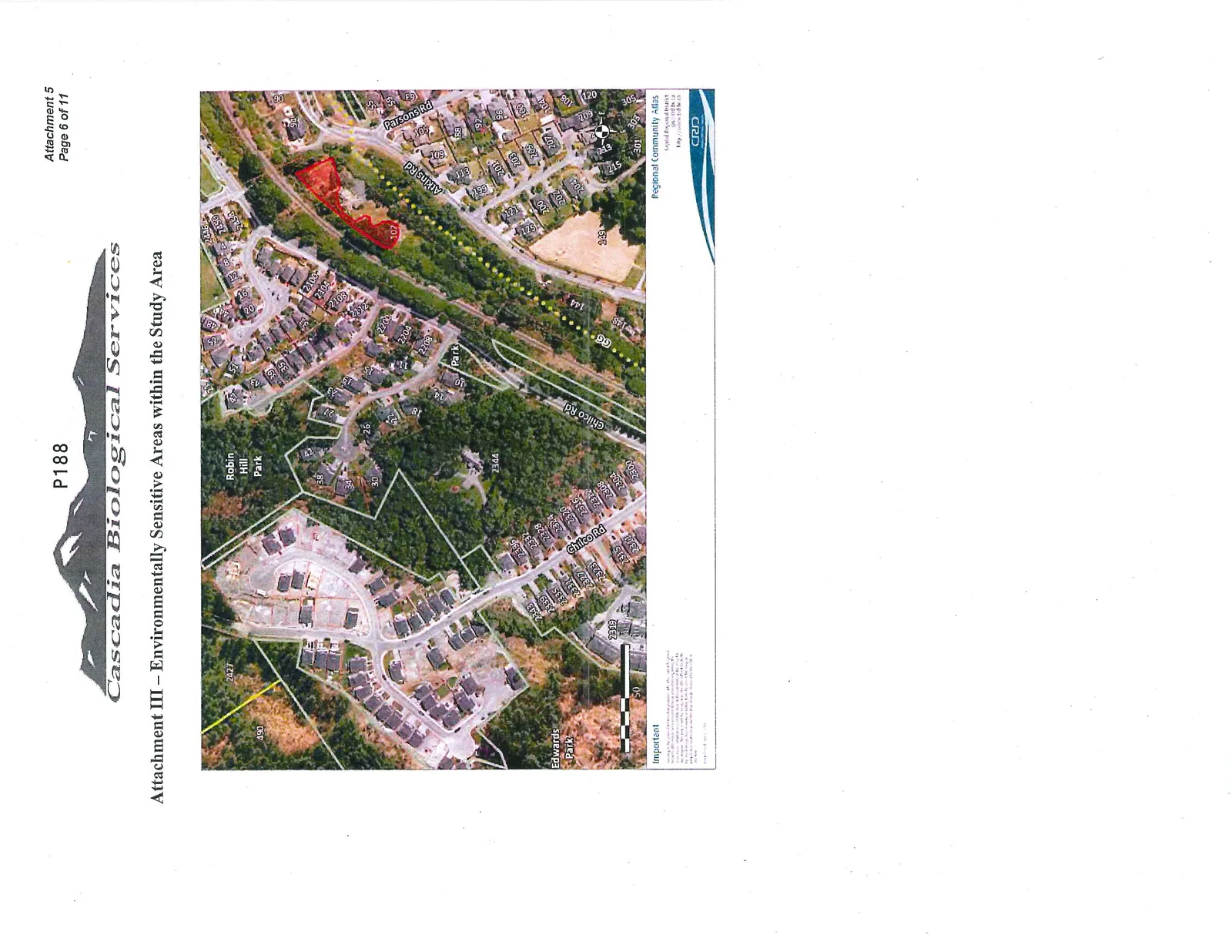 Aerial map showing Environmentally Sensitive Areas within the Study Area, including Robin Hill Park, Edwards Park, and residential streets like Atkins Rd and Chilco Rd, with various property lots and house numbers labeled and a specific area outlined in red.