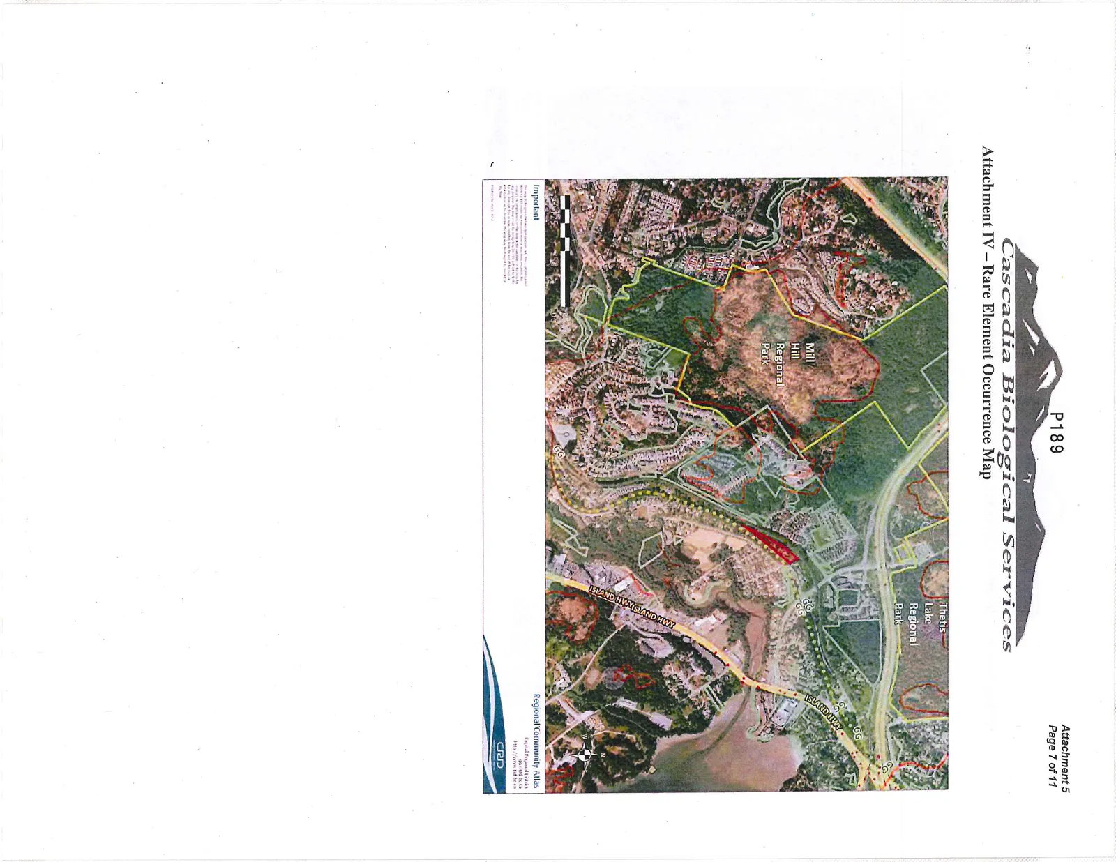 Rare Element Occurrence Map showing aerial views of Mill Hill Regional Park and Thetis Lake Regional Park, including property boundaries, Island Highway, and markers labeled "GG".