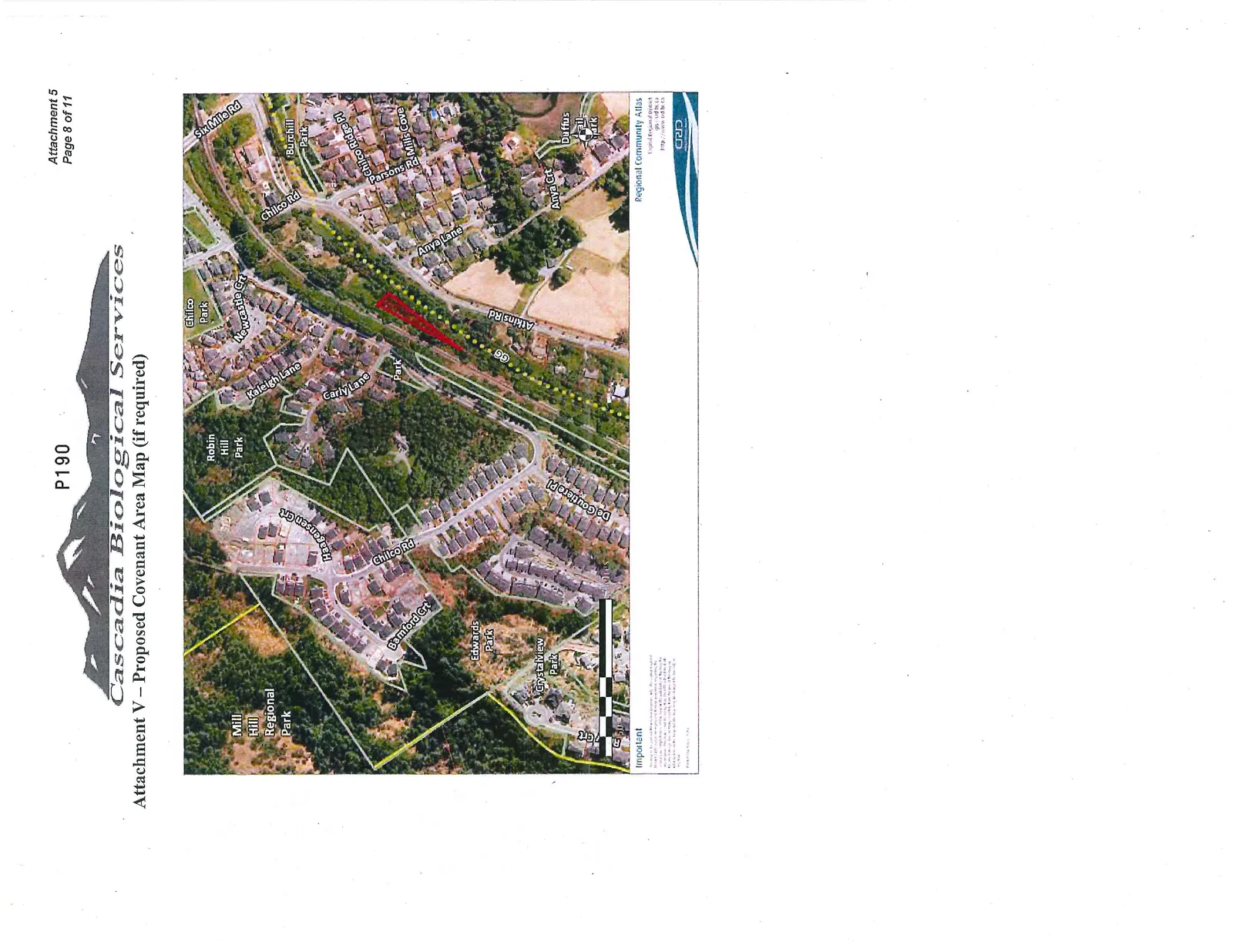 Aerial map of the project area showing the proposed covenant area highlighted in red, with labels for surrounding features including Mill Hill Regional Park, Robin Hill Park, Chilco Rd, Atkins Rd, and various residential streets.