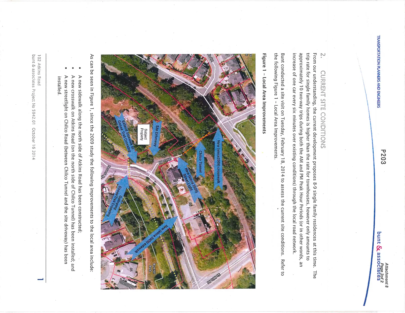 Aerial map labeled Figure 1 - Local Area Improvements showing the subject property at 102 Atkins Road, the site driveway, Chilco Tunnel, Galloping Goose Trail crossing, and various infrastructure improvements since 2009 including a new sidewalk, crosswalk, and street light.