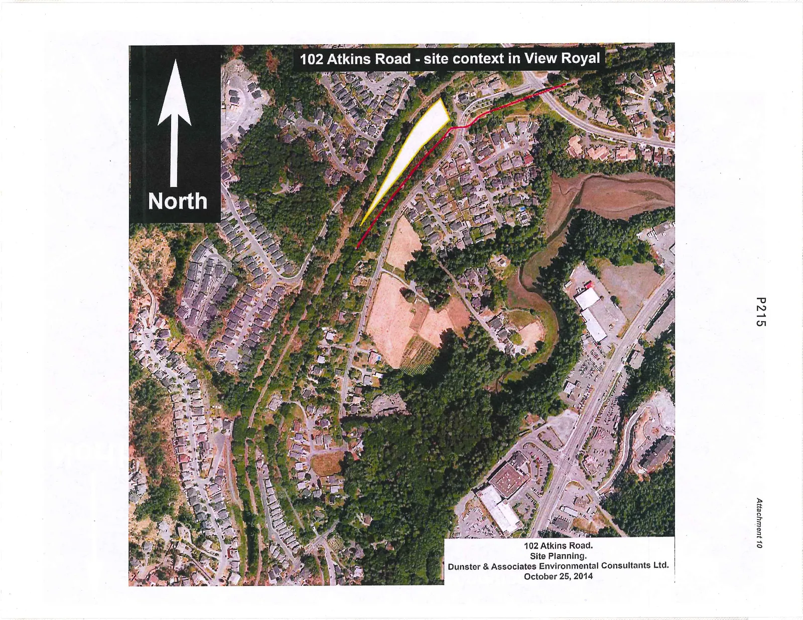 Aerial map showing the site context for 102 Atkins Road in View Royal, with the subject property highlighted in yellow and a red line along Atkins Road.