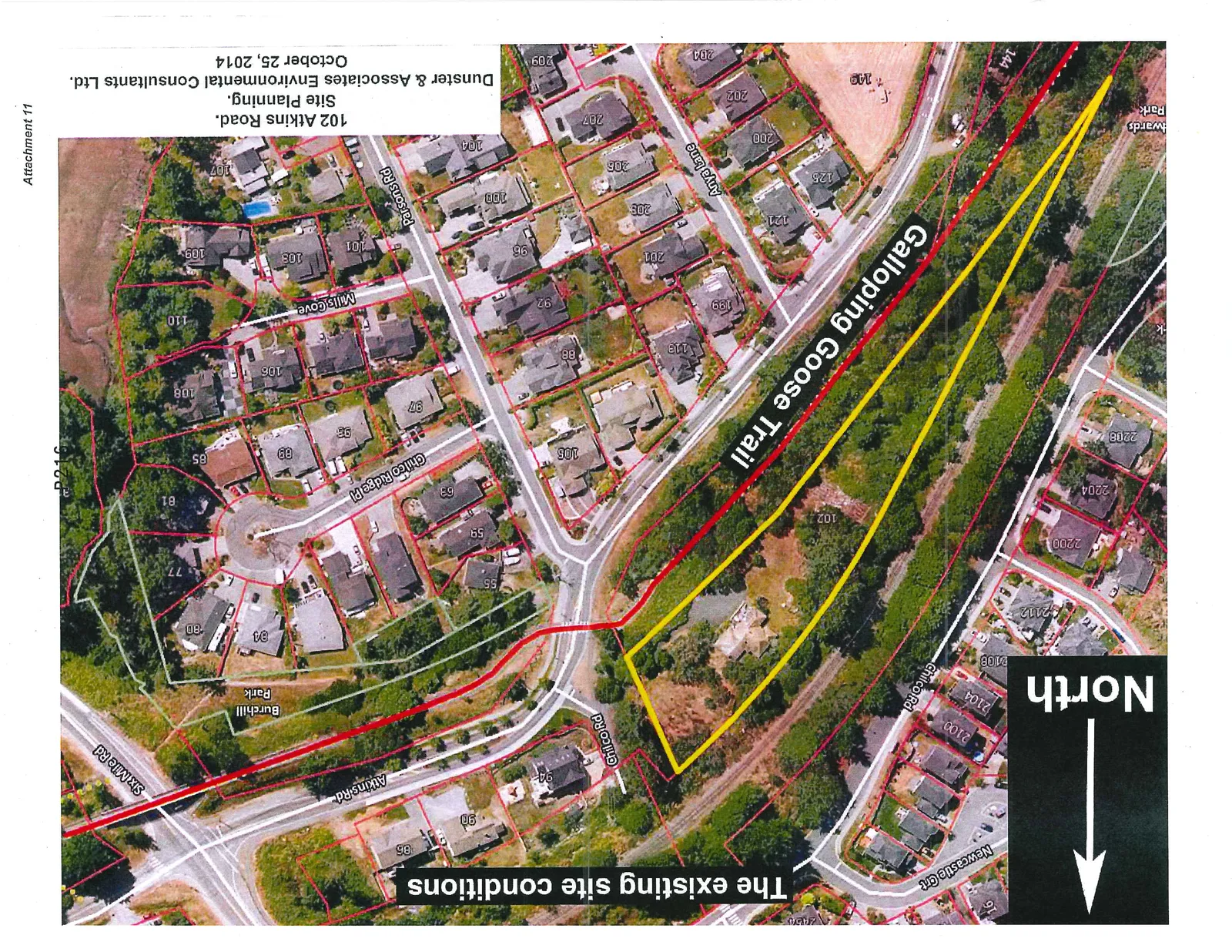 Aerial map illustrating the existing site conditions at 102 Atkins Road. The subject property is outlined with a yellow boundary, situated adjacent to the Galloping Goose Trail. The map shows surrounding residential streets including Chilco Road, Atkins Road, Six Mile Road, Chilco Ridge Place, Mills Cove, Parsons Road, Anya Lane, and Newcastle Court. Nearby parks such as Burchill Park and Edwards Park are also labeled.