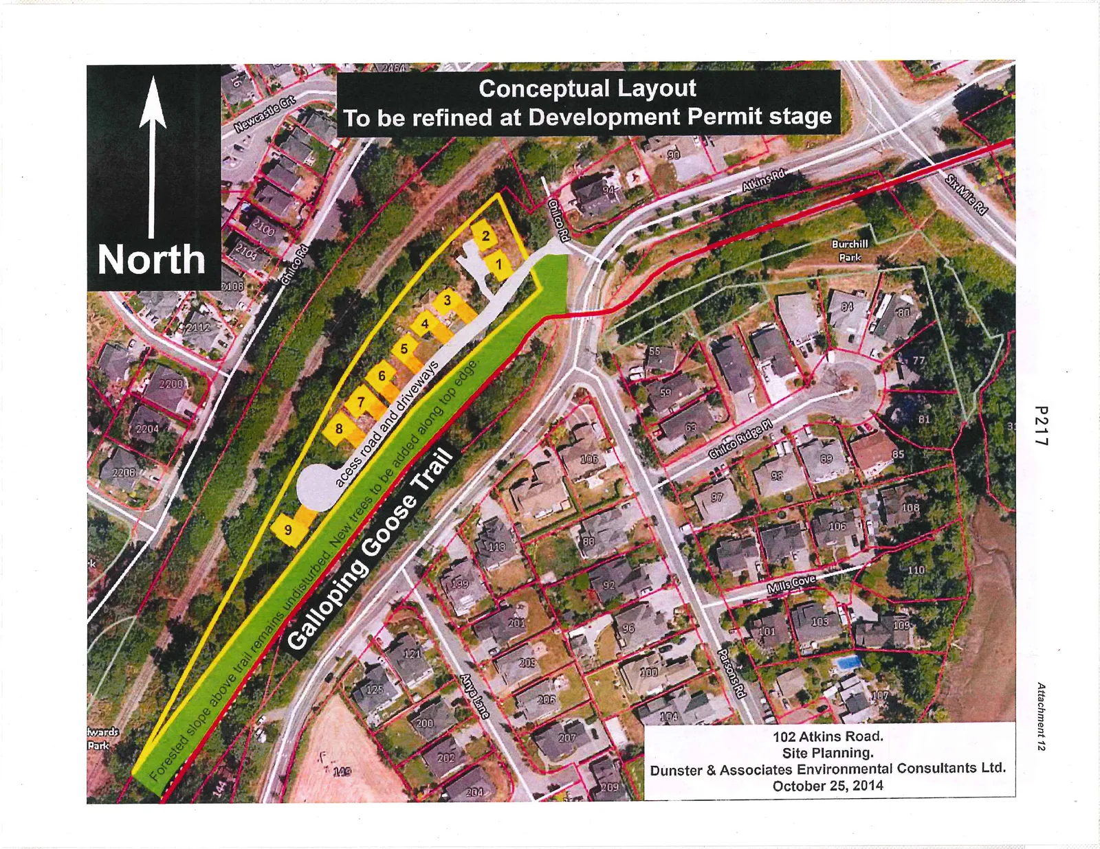 Aerial conceptual layout map for 102 Atkins Road showing 9 proposed development lots situated between residential neighborhoods and the Galloping Goose Trail. The map includes annotations for site planning and surrounding infrastructure.